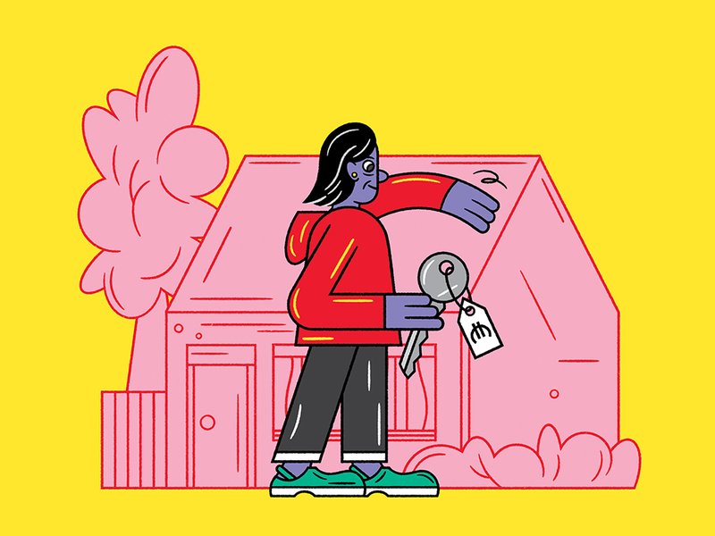 Eine Person der Gruppe Immobilieneigentümer:innen hält einen großen Schlüssel in der Hand, im Hintergrund steht ein Haus mit Garten.