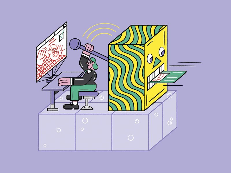 An illustration shows a person sitting at a desk in a video conference with someone else. The person uses one hand to operate the lever of a machine behind them. The machine has a face. A document comes out of its mouth.