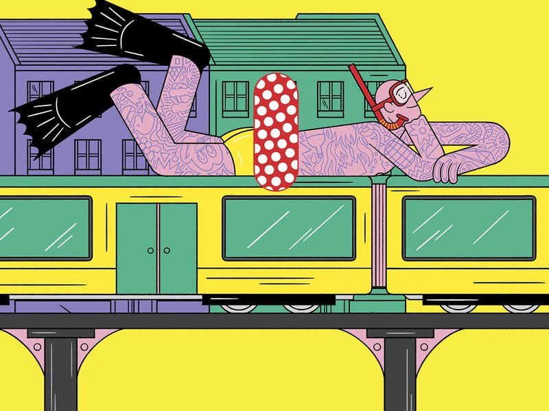An illustration of a tattooed person with diving fins, a snorkel and swimming ring. They are relaxing on their belly on a U-Bahn wagon with their hand supporting their head.