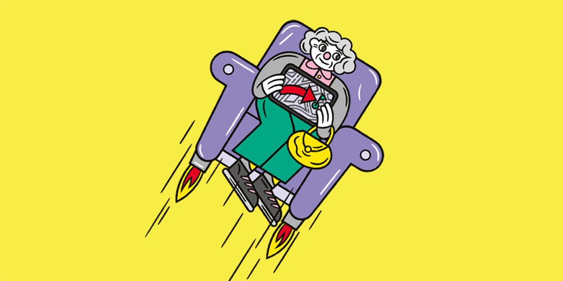 Eine Person mit grauen Locken sitzt auf einem fliegenden Sessel mit Düsenbetrieb, den sie steuert.