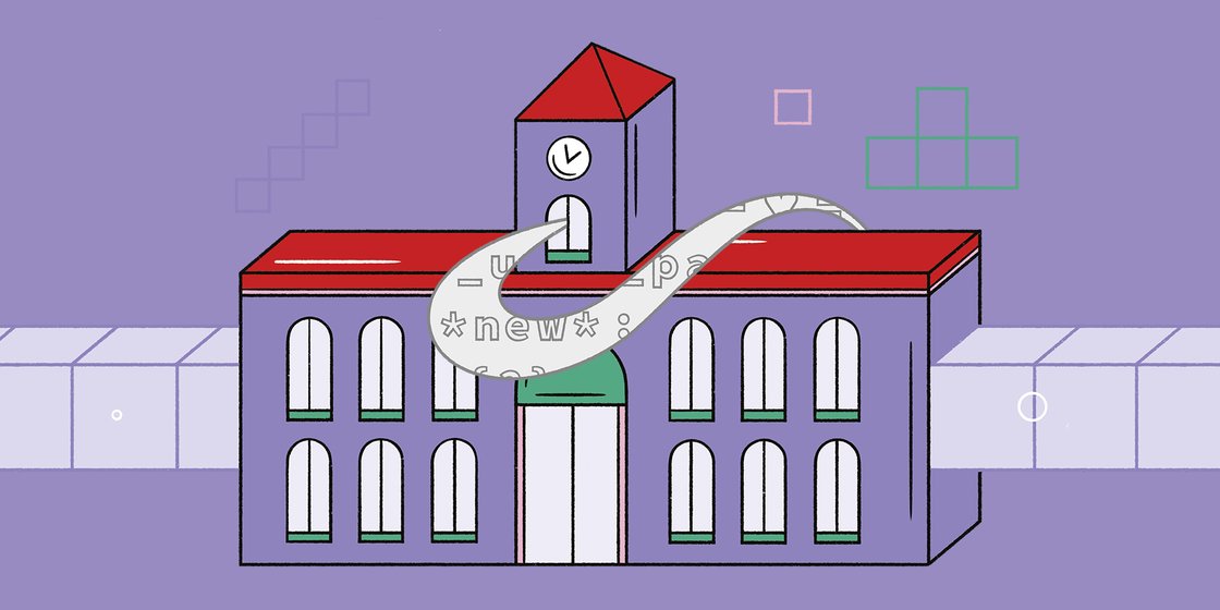 Die Ilustration zeigt ein Rathaus, aus dessen Turmfenster eine Sprechblase mit Code dargesellt ist.