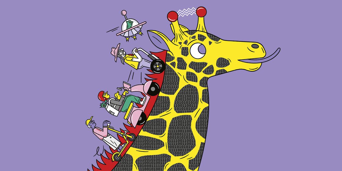 Die Illustration zeigt eine Giraffe, deren schwarze Fellteile Nullen und Einsen enthalten. Drei Personen fahren mit jeweils unterschiedlichen Elektrorollern den Hals der Giraffe hoch.