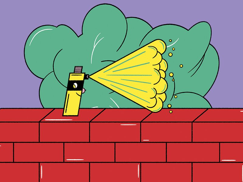 A spray can with a smiling face is placed on a brick wall. There is a yellow spray cloud coming from it.
