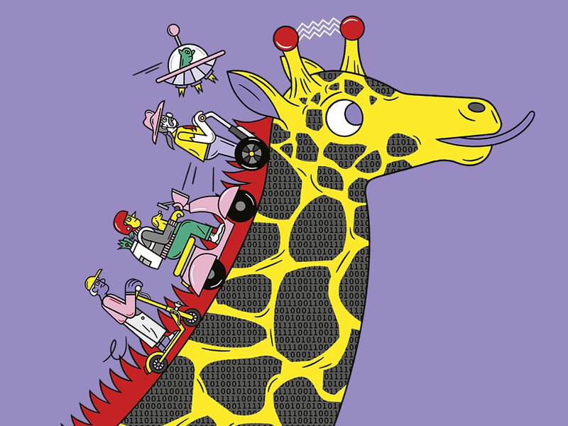 Die Illustration zeigt eine Giraffe, deren schwarze Fellteile Nullen und Einsen enthalten. Drei Personen fahren mit jeweils unterschiedlichen Elektrorollern den Hals der Giraffe hoch.