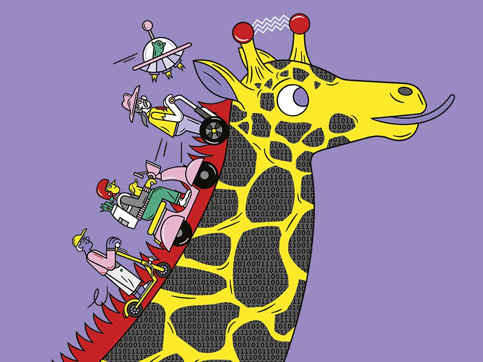 giraffe whose black fur parts contain zeros and ones. Three people each ride different electric scooters up the giraffe's neck.