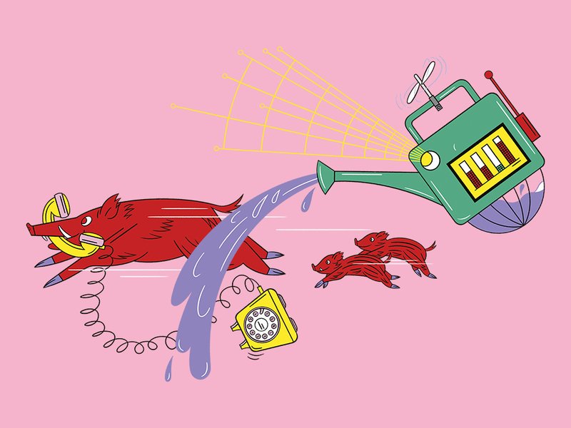 An illustration shows a wild boar darting to the left with the receiver of a corded telephone in its mouth. It is followed by two piglets. A flying watering can with electronic sensors pours out a gush of liquid.