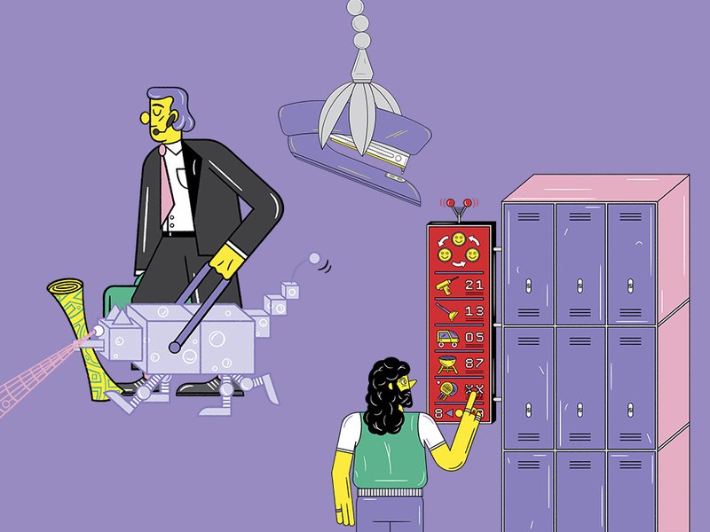 Die Illustration zeigt in der MItte einen Kran, der einen Tacker aufhebt. Auf der linken Seite ist eine Person mit einem Roboterhund abgebildet. Auf der rechten Bildseite ist eine Person zu sehen, die sich auf einer Tafel die Inhalte von Spinden auswählt.