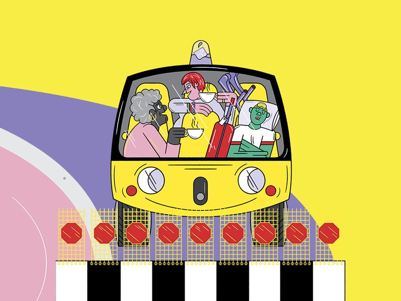 Die Illustration zeigt drei Personen sitzend in einem autonomen Auto, Kaffee trinkend oder schlafend.
