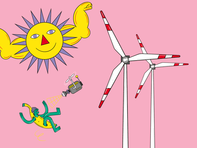 A sun with muscles, two wind turbines and a drone filming a flying person in a banana costume.