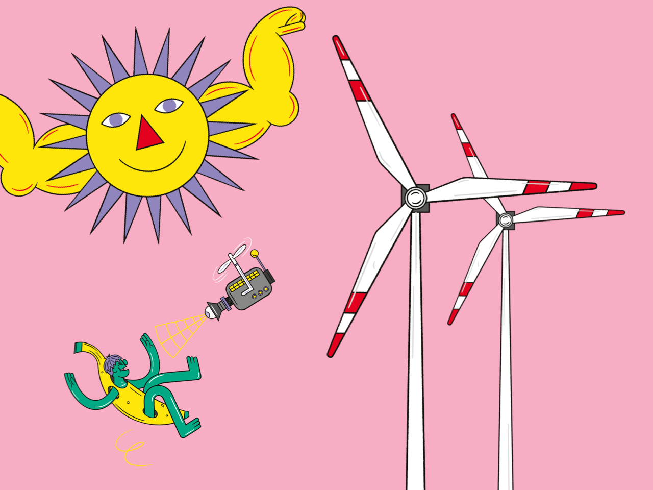 A sun with muscles, two wind turbines and a drone filming a flying person in a banana costume.