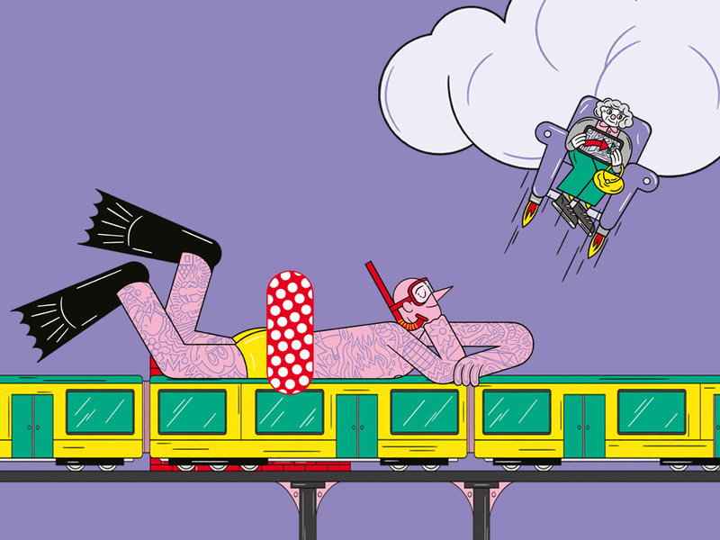 Illustration, die eine tätowierte Person liegend auf einer U-Bahn zeigt. Oben rechts im Bild sitzt eine ältere Personauf einem fliegenden Sessel.