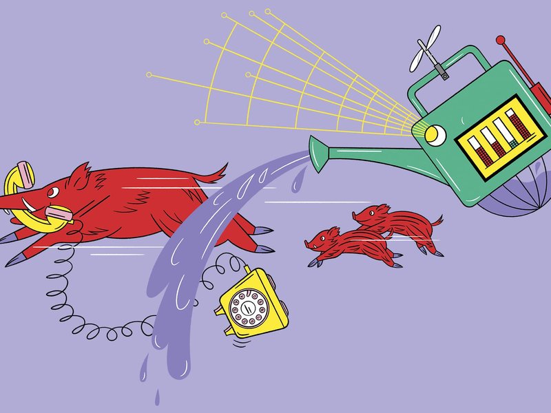 An illustration shows a wild boar darting to the left with the receiver of a corded telephone in its mouth. He is followed by two piglets. A flying watering can with electronic sensors pours out a gush of liquid.