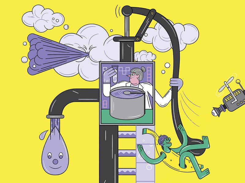 An illustration shows a person inside a large pump apparatus, with one hand on its lever and the other holding a test tube for observation. A large drop with a friendly face comes from the tap.