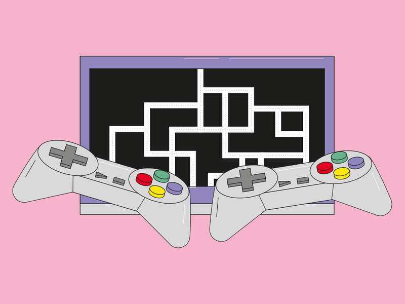 Auf dem Bild sind zwei Spielkonsolen-Controler vor einem Bildschirm, der ein Labyrinth zeigt, zu sehen.