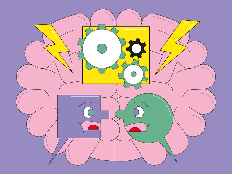 Ein rundes und ein eckiges Gesicht sind unterhalb eines Quadrats mit Schrauben und zwei Pfeilen daneben abgebildet. Der Hinterfrund zeigt ein Gehirn.