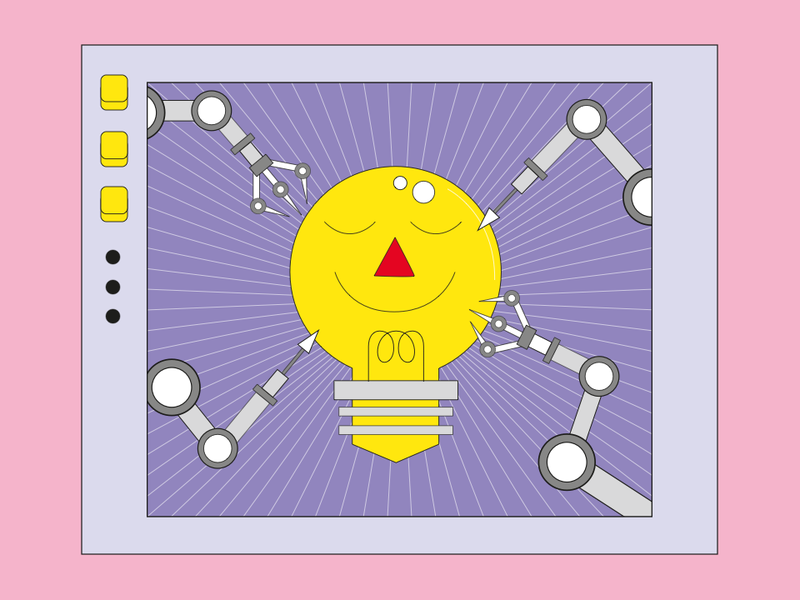 Innerhalb eines BIldschirms ist eine lächelnde Glühbirne mit geschlossenen abgebildet, an der vier Roboterarme arbeiten.