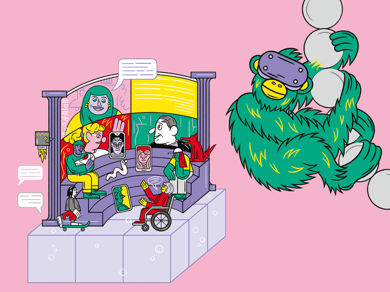The illustration shows different persons sitting at a public square with entertainment formats. To the right you can see a climbing monkey, wearing a VR-glasses.